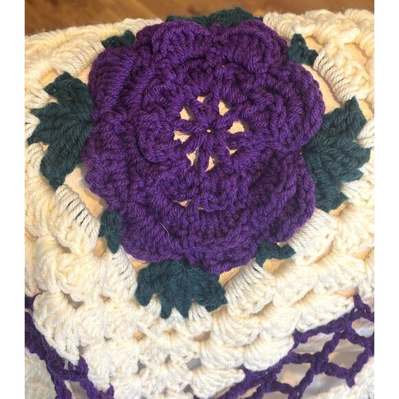 Vintage Granny Square Afghan Throw Quilt - White, Purple, Green Floral  74"x48" - Picture 3 of 5